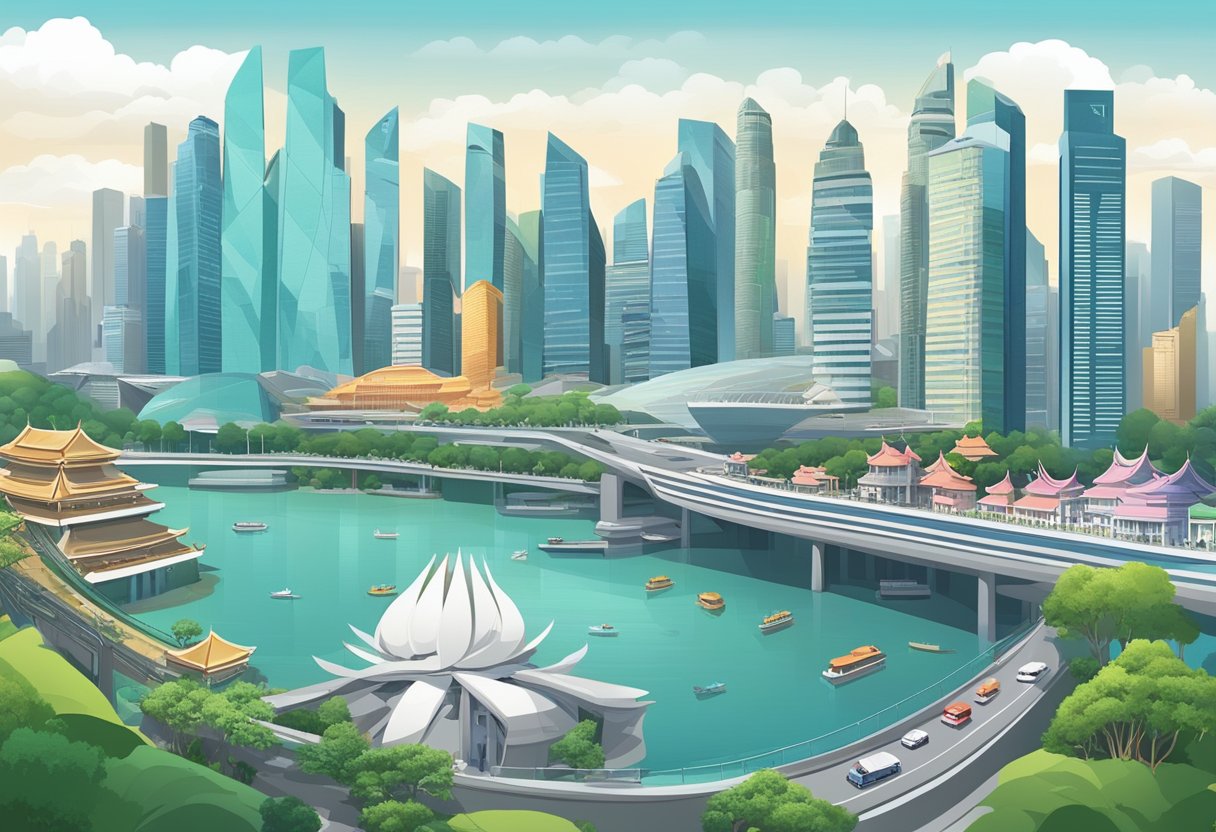 A bustling cityscape of Singapore with iconic landmarks leading into a futuristic skyline of Shanghai