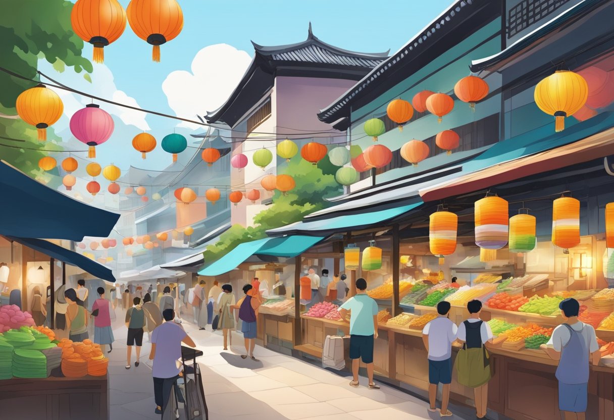 Bustling Japanese market in Singapore, with colorful stalls, lanterns, and traditional architecture. Busy shoppers and vendors create a lively atmosphere
