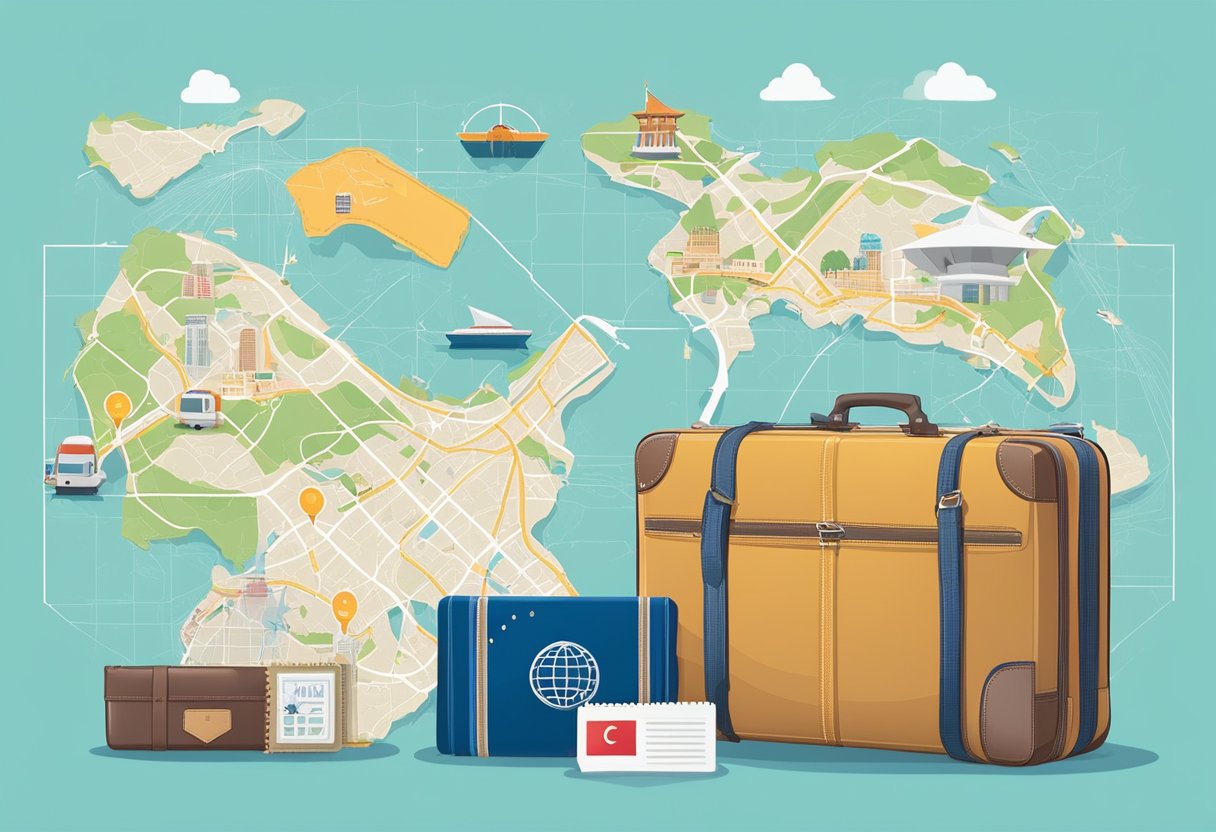 A map of Singapore and Shanghai with a dotted line connecting the two cities, surrounded by travel essentials like passports, tickets, and a suitcase