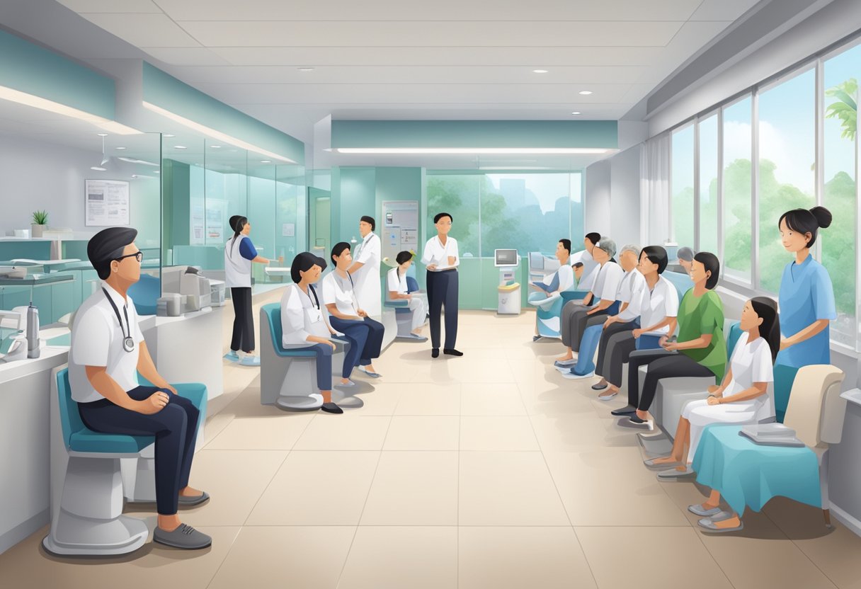 A bustling orthopaedic clinic in Singapore, filled with modern equipment and patients waiting for their appointments