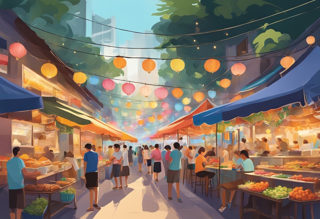 A bustling street lined with colorful food stalls, emitting mouth-watering aromas. Bright lights illuminate the vibrant scene as locals and tourists alike explore the diverse array of supper spots in Singapore