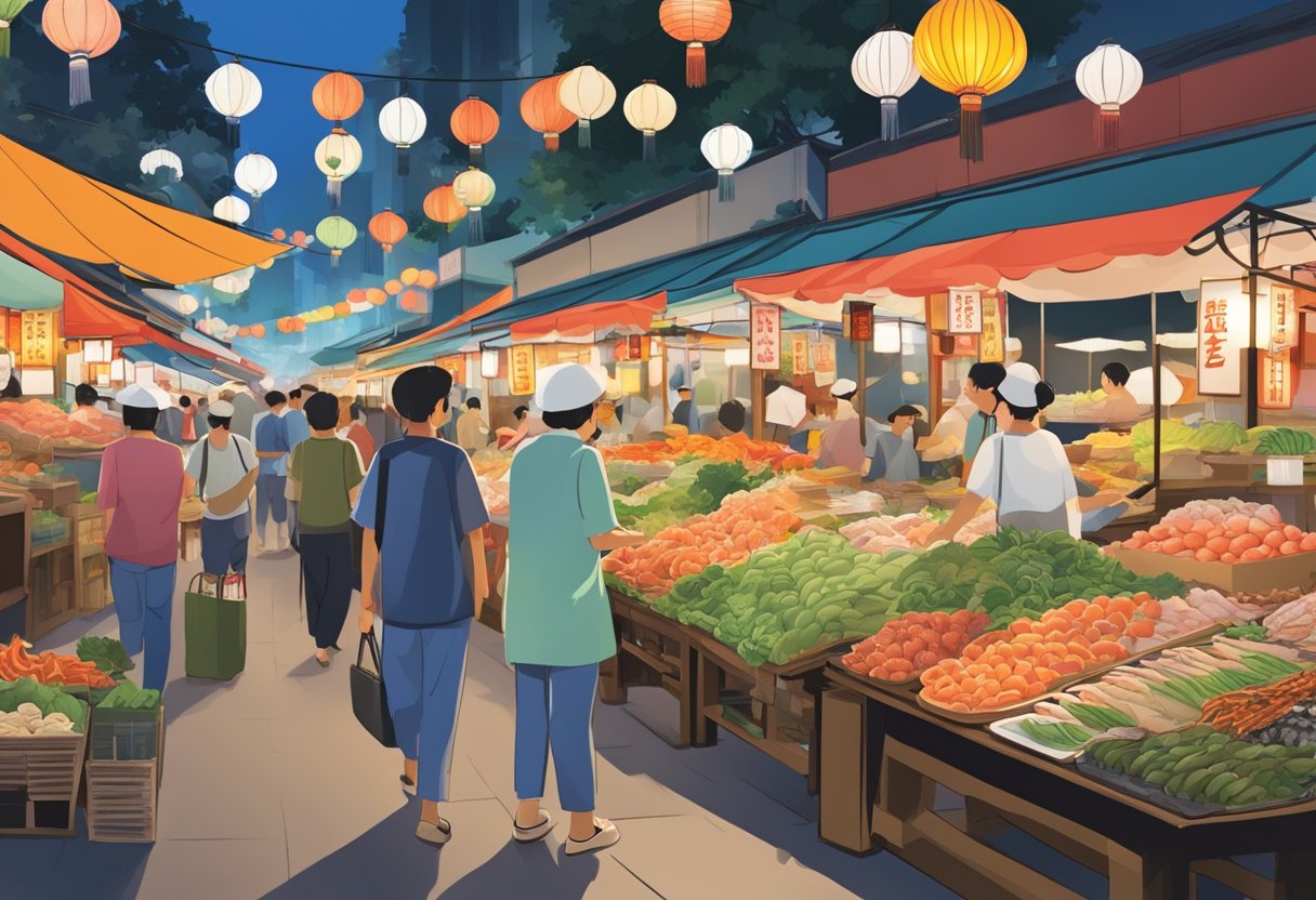 Bustling Japanese market in Singapore, with colorful stalls, traditional lanterns, and vibrant displays of fresh seafood, sushi, and exotic fruits