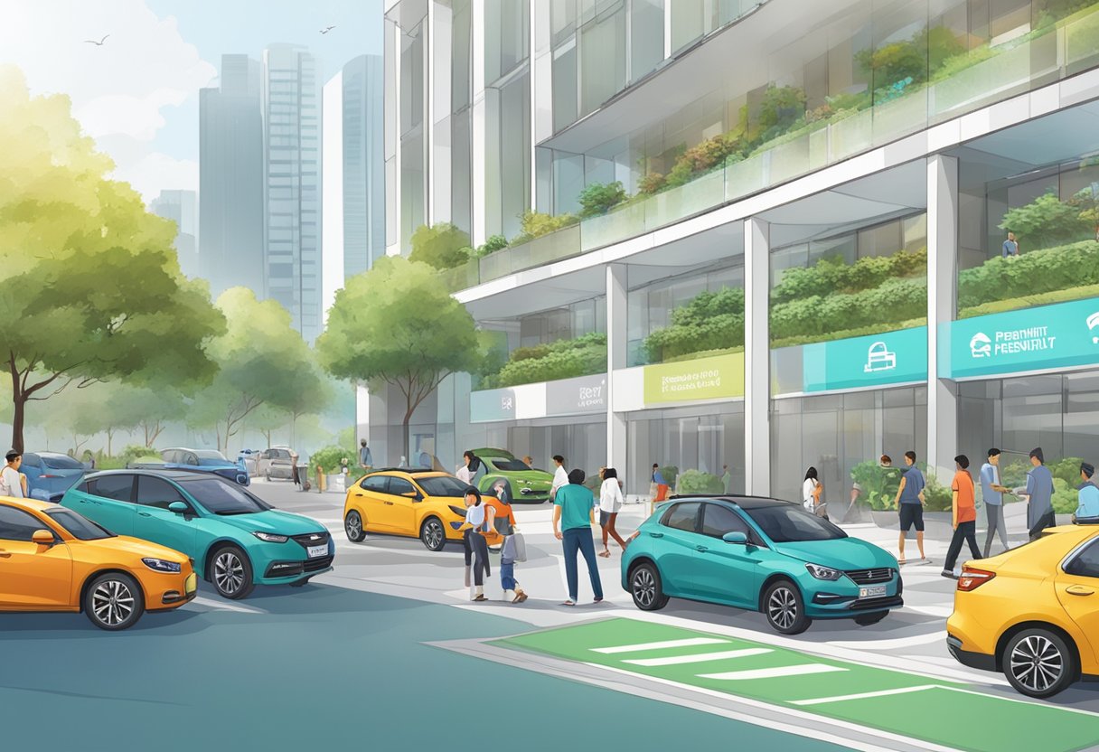 Cars parked in designated spots, people walking around, signs displaying "Frequently Asked Questions" at Parkopedia Singapore