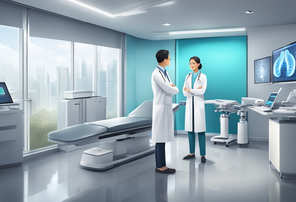 A doctor in a white coat stands in a modern orthopaedic clinic in Singapore, surrounded by state-of-the-art equipment and technology