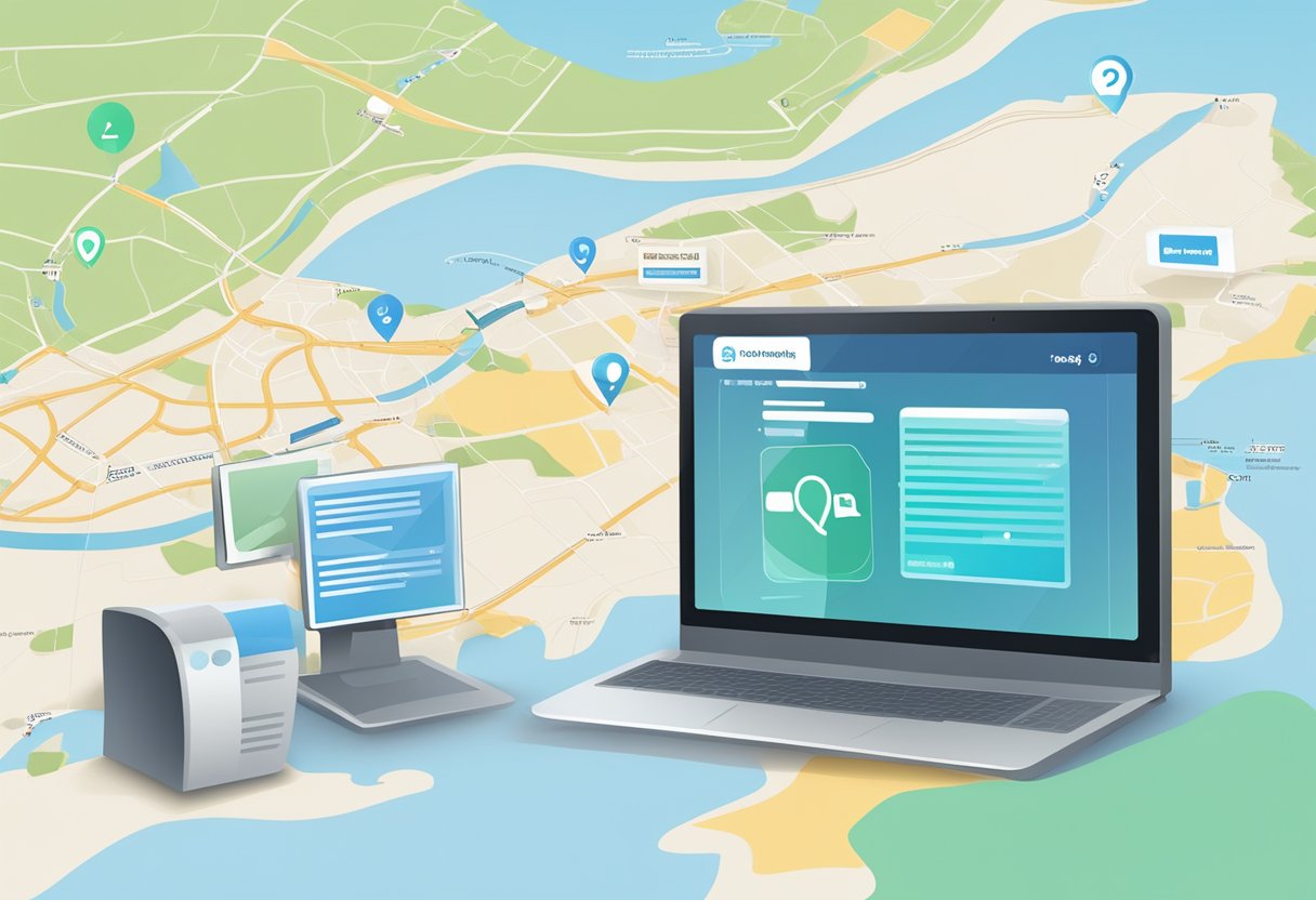 A computer screen displaying "Frequently Asked Questions" with a map of Singapore and an IP address check tool
