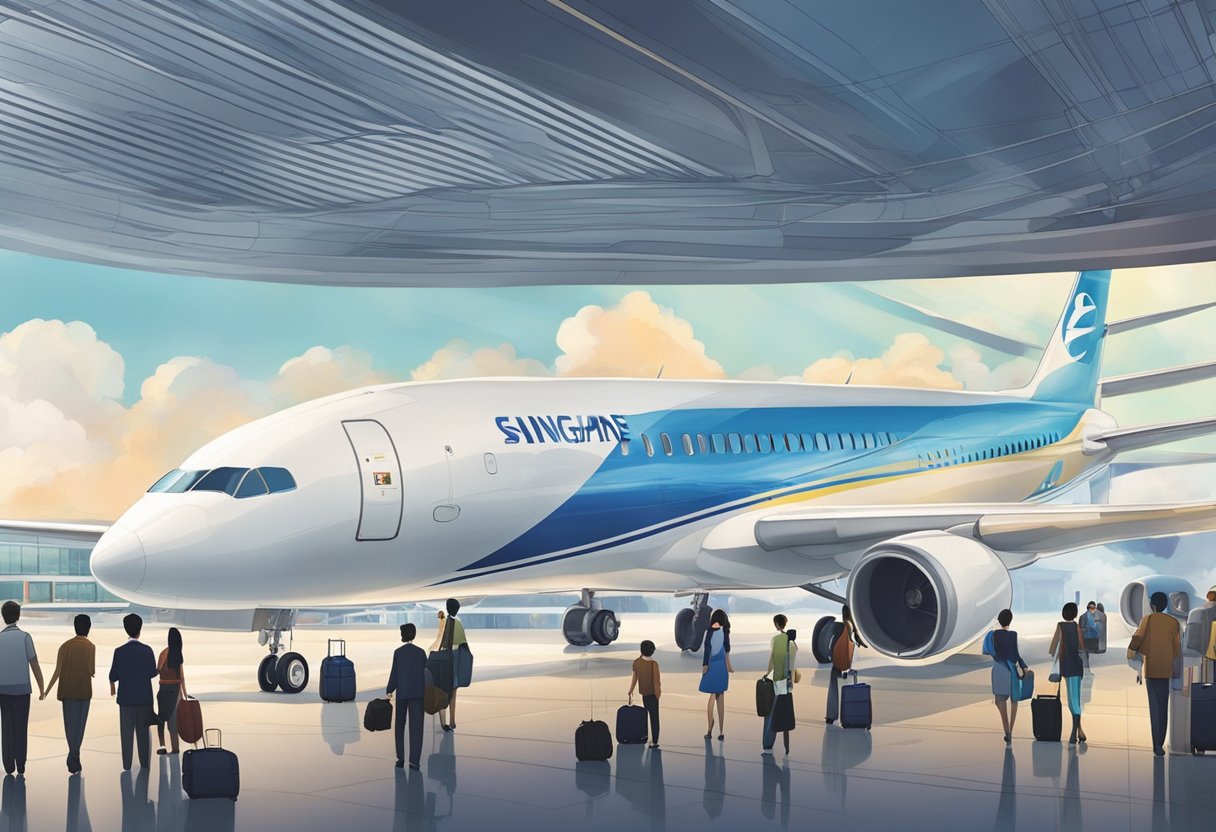 Passengers boarding a sleek, modern aircraft at Singapore's bustling airport. Inside, they relax in spacious seats, enjoying a panoramic view of the clouds as they soar towards Shanghai