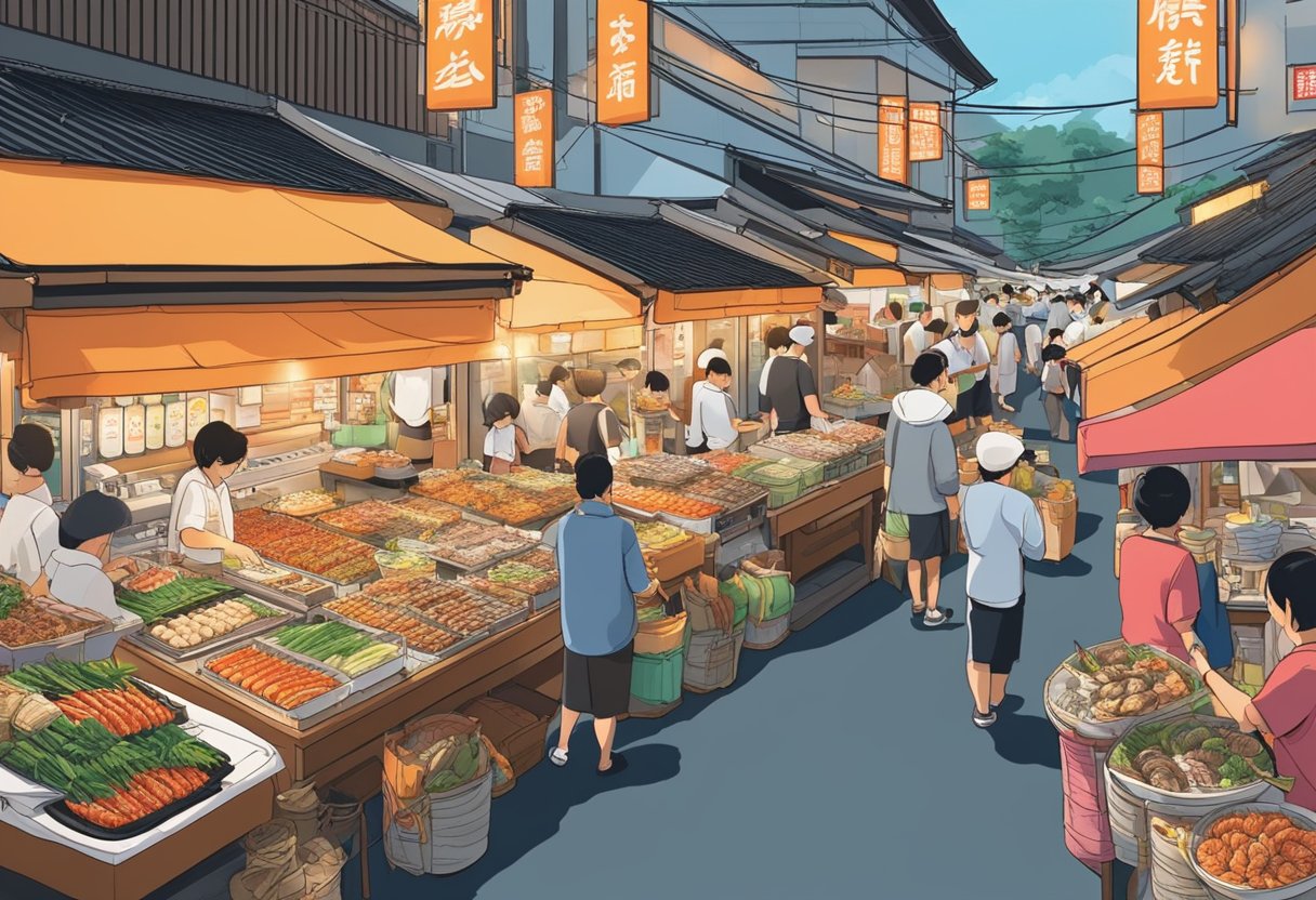 A bustling Japanese market in Singapore, filled with colorful stalls selling fresh seafood, sushi, and traditional snacks. The aroma of grilled yakitori and sizzling tempura fills the air as customers browse the array of culinary delights and services
