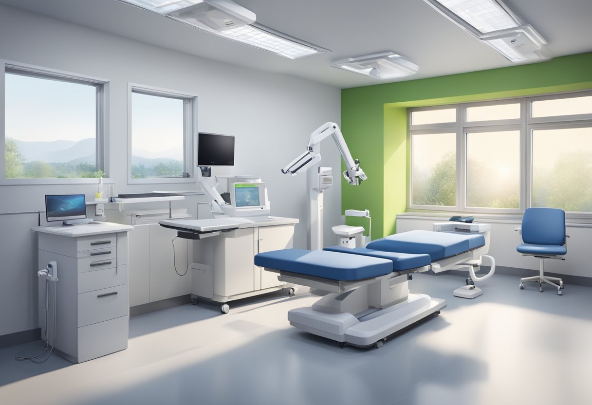 A modern orthopaedic clinic with state-of-the-art equipment and facilities, including consultation rooms, diagnostic imaging machines, and rehabilitation areas