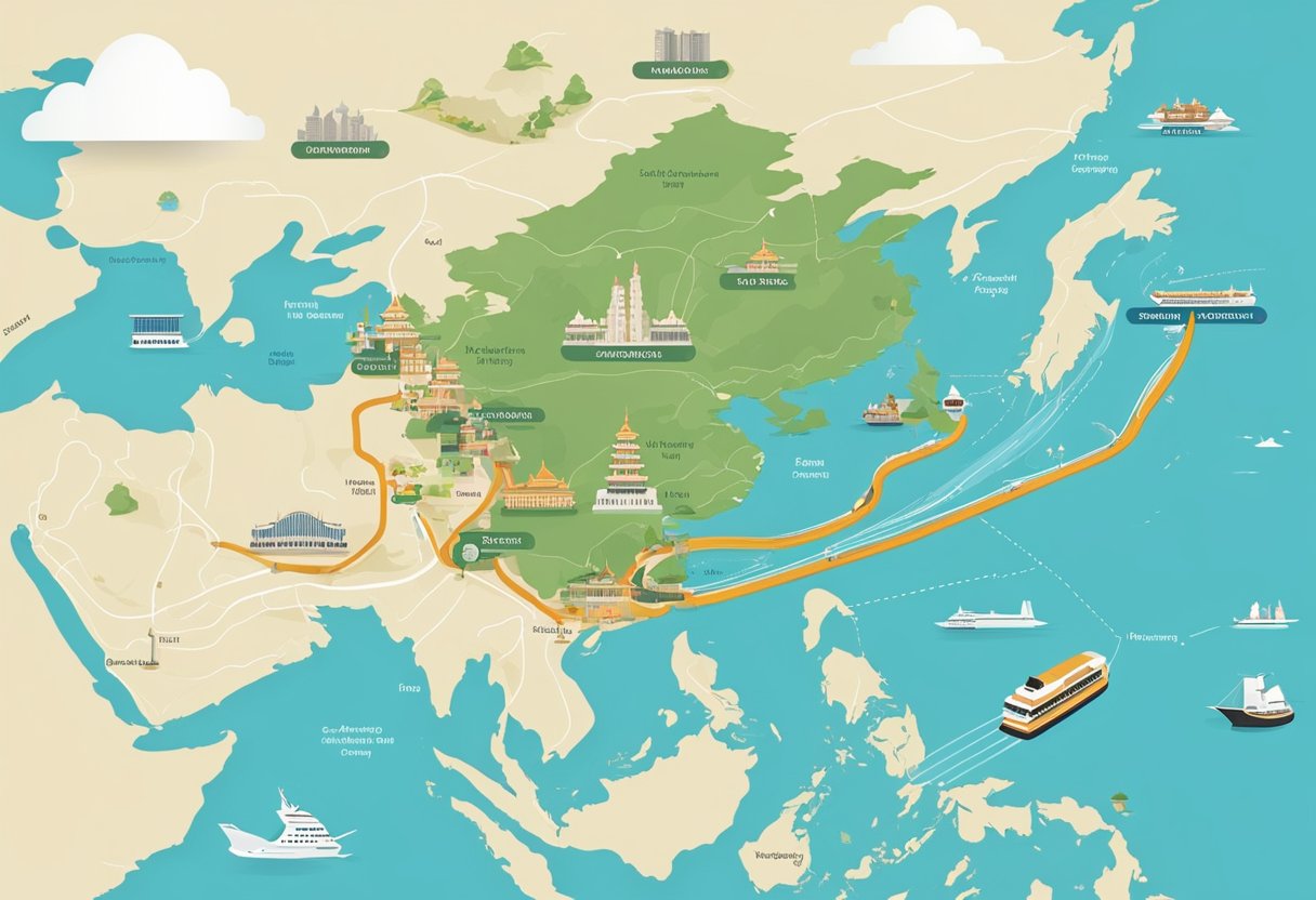 A map showing the route from Singapore to Shanghai with key landmarks and transportation options highlighted