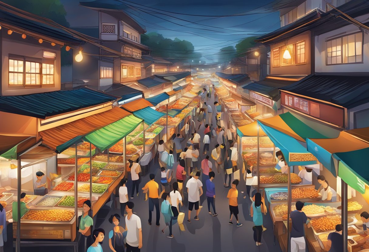 A bustling night market with colorful food stalls, offering a variety of Singaporean cuisine. The aroma of sizzling noodles and spicy satay fills the air