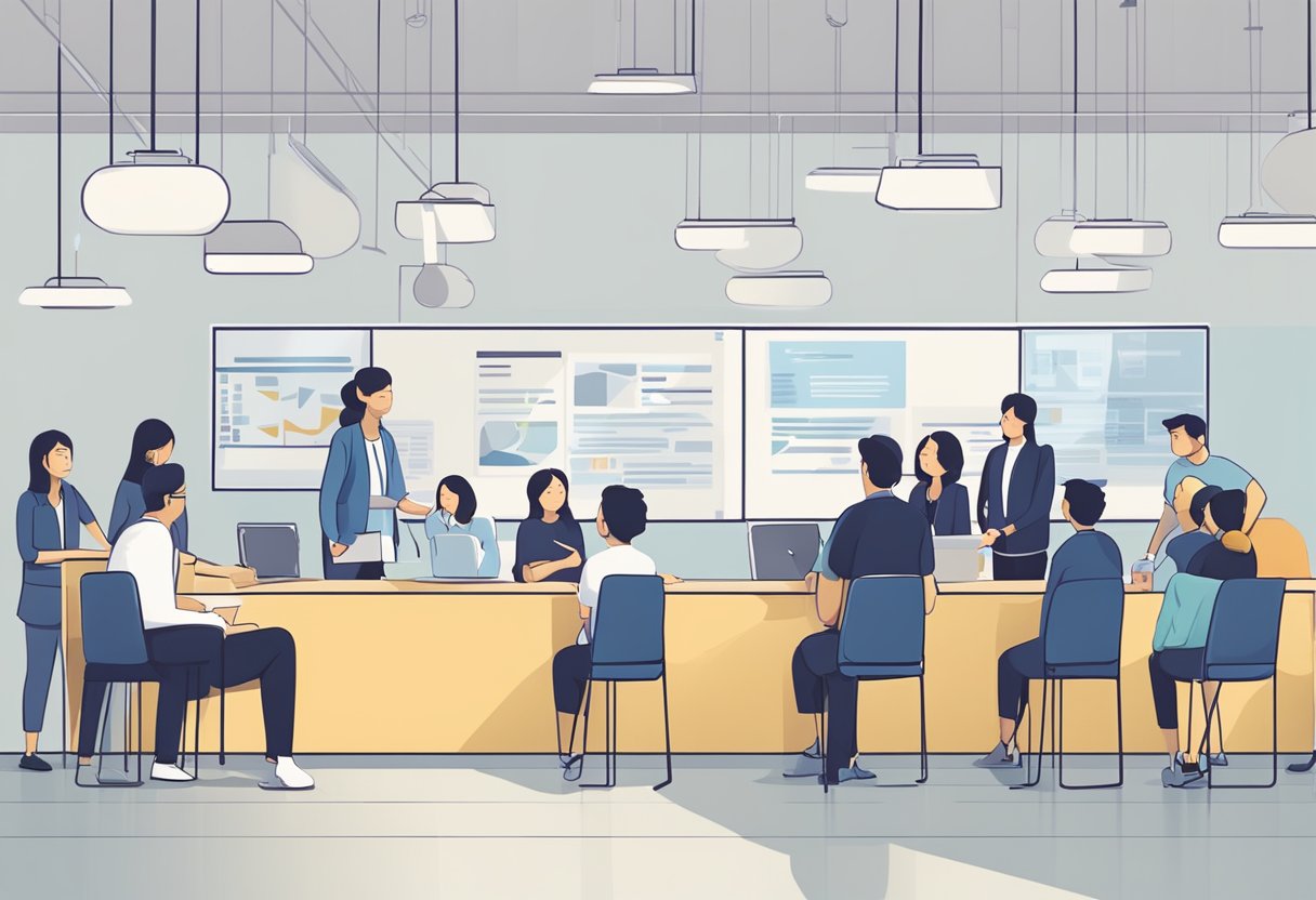 A group of people gathered around a sign that reads "Frequently Asked Questions Orthopaedia Singapore." The setting is a modern and professional environment, with clear signage and a sense of organization