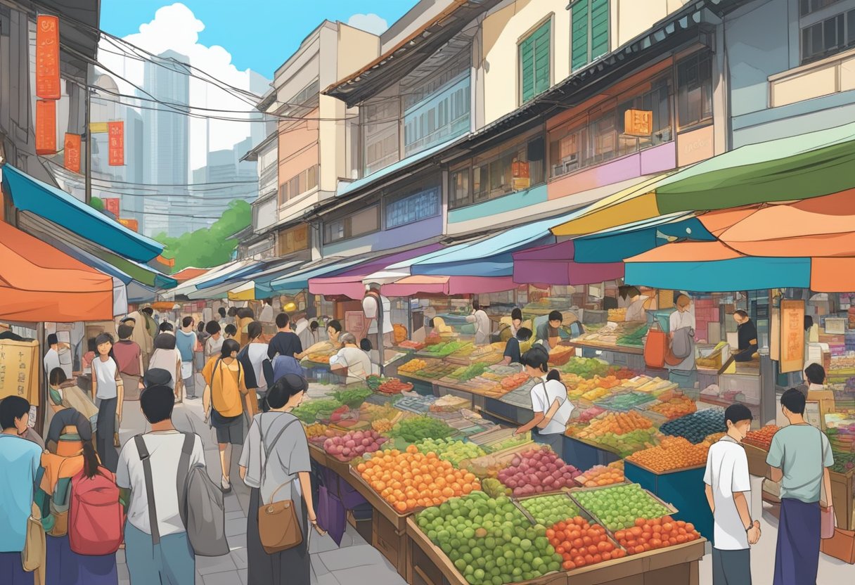 A bustling Japanese market in Singapore, with colorful stalls and busy shoppers browsing through a variety of products