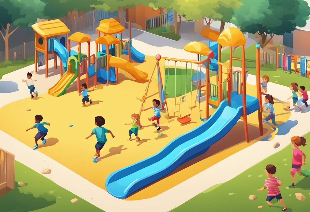 Children playing in a colorful playground with slides, swings, and a sandbox. Some kids are running around, while others are climbing and laughing