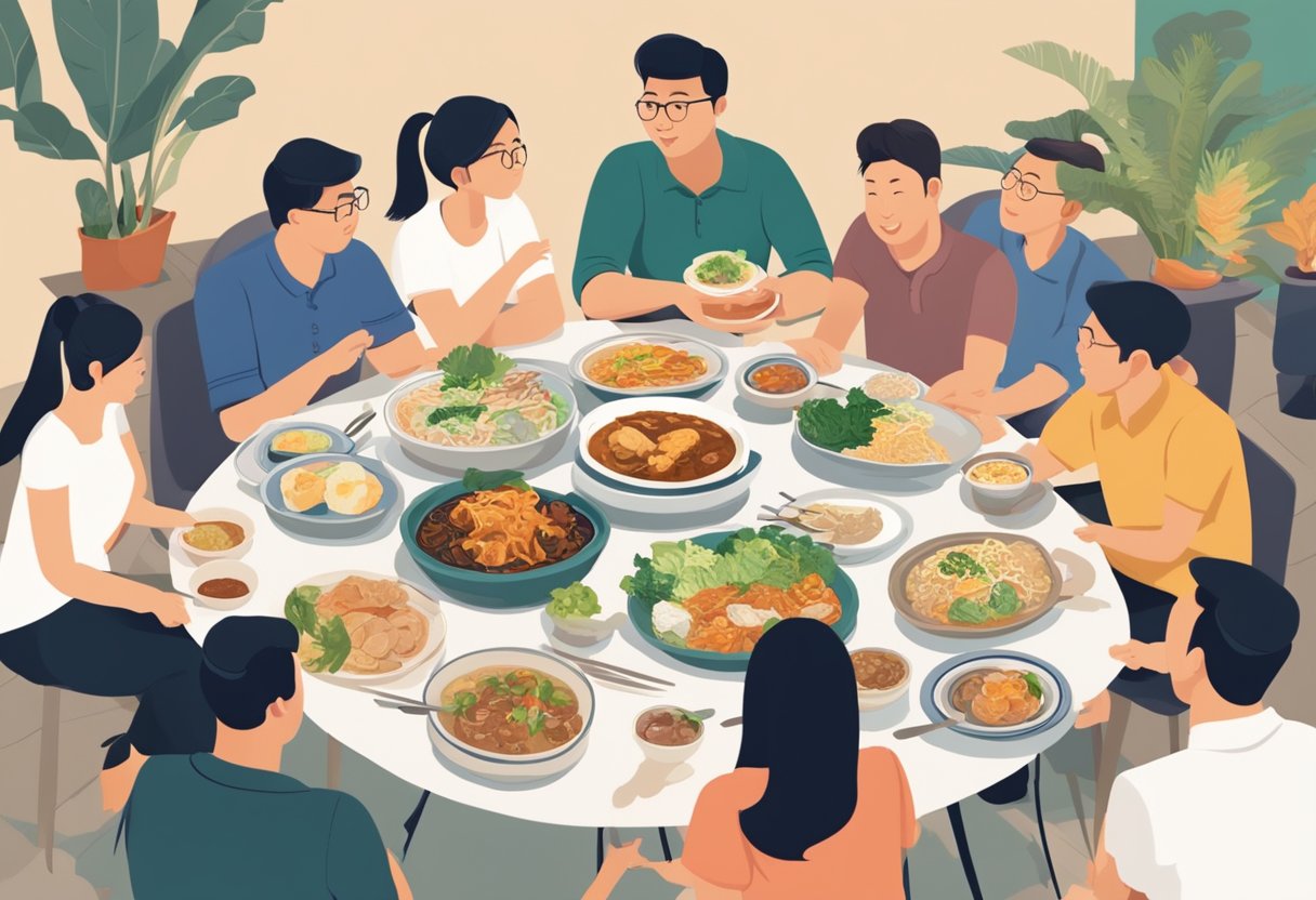 A table with a spread of local Singaporean dishes, surrounded by curious diners asking questions to a knowledgeable server