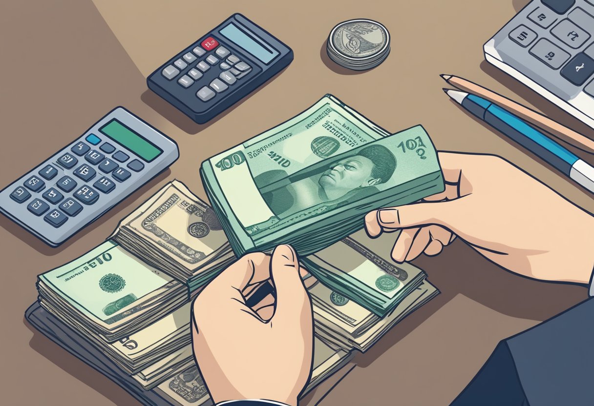 A hand places Indonesian Rupiah bills on a table, while a hand holds a calculator displaying the conversion to Singapore Dollar