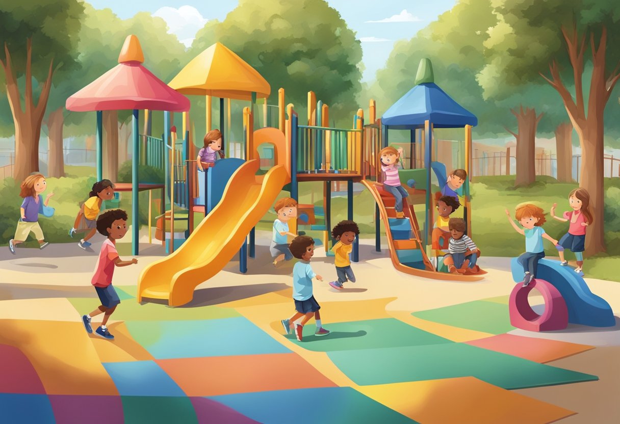 Children playing outdoors in a colorful playground, while others engage in indoor activities like arts and crafts, reading, and games
