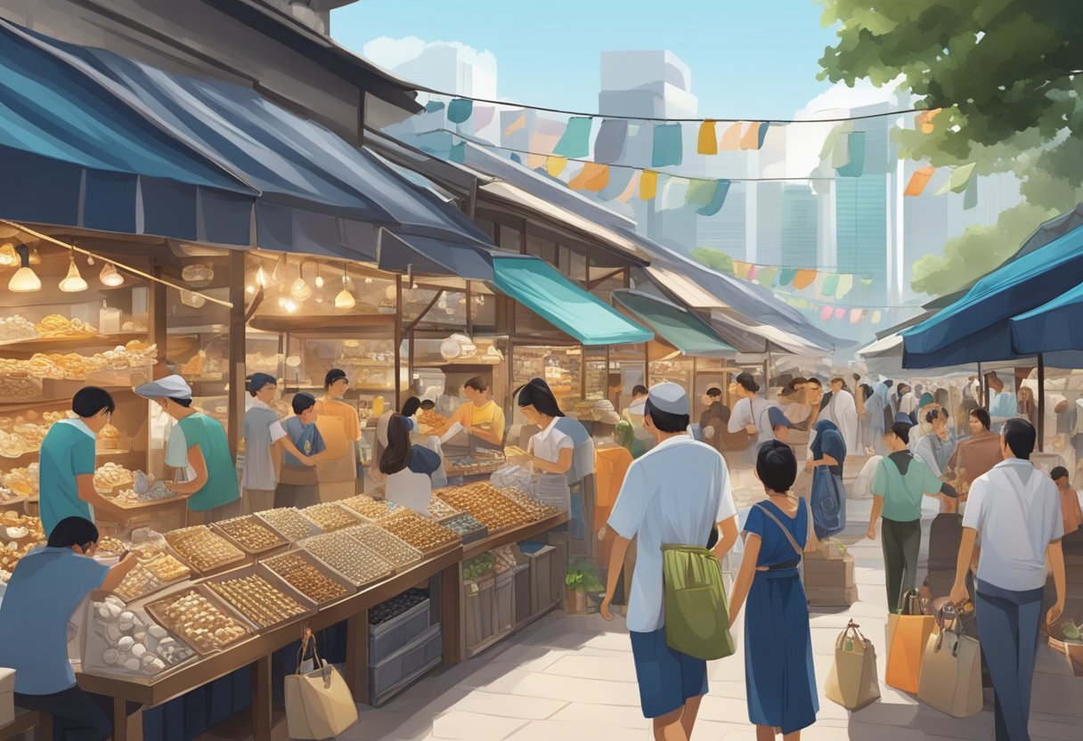 A bustling marketplace in Singapore, with vendors displaying gleaming silver jewelry and wares, attracting eager customers