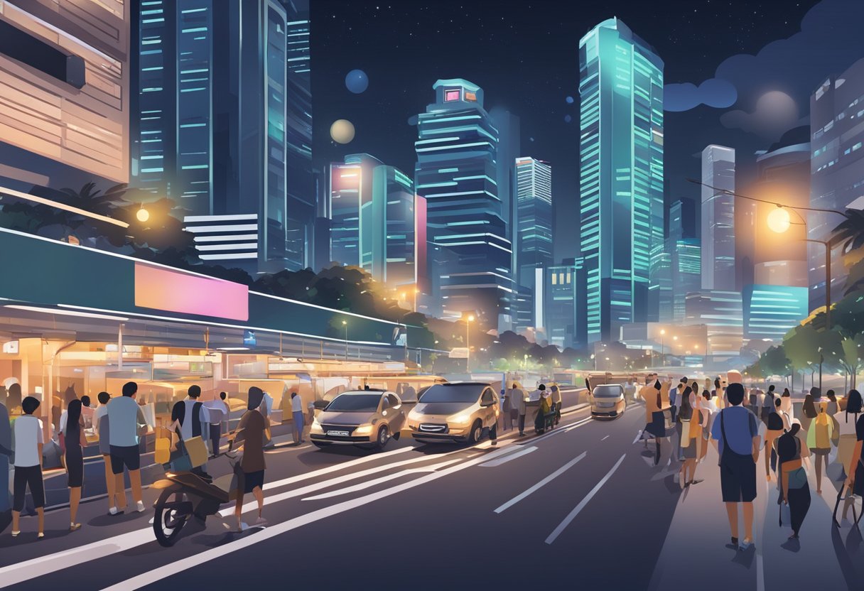 The bustling city of Singapore at night, with bright lights illuminating the skyline and a busy street filled with people and cars