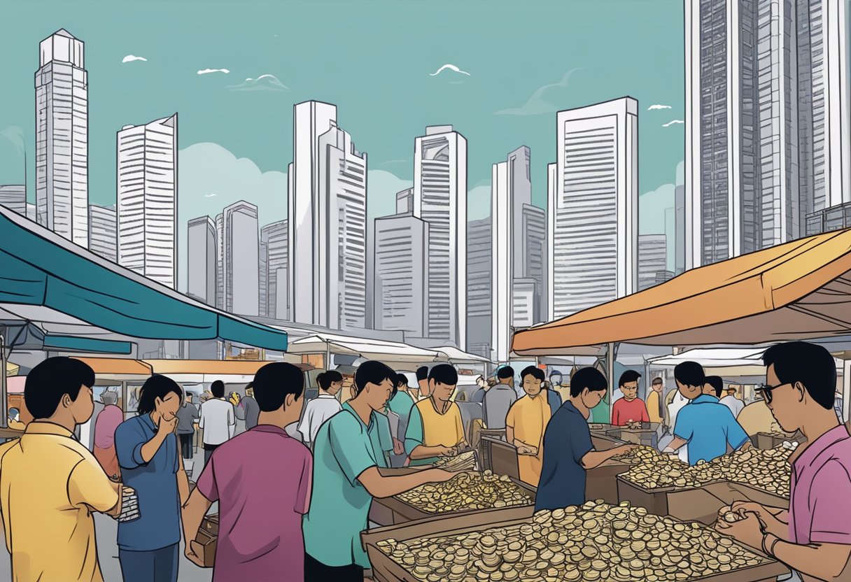 A bustling Singapore market, with traders exchanging silver bars and coins. The iconic skyline looms in the background, symbolizing the city's role in the global silver trade