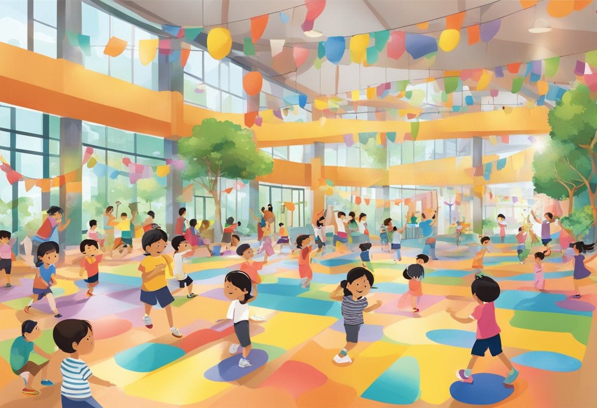 Children engage in arts and cultural activities at a vibrant leisure center in Singapore. Music, dance, and crafts fill the space with creativity and joy