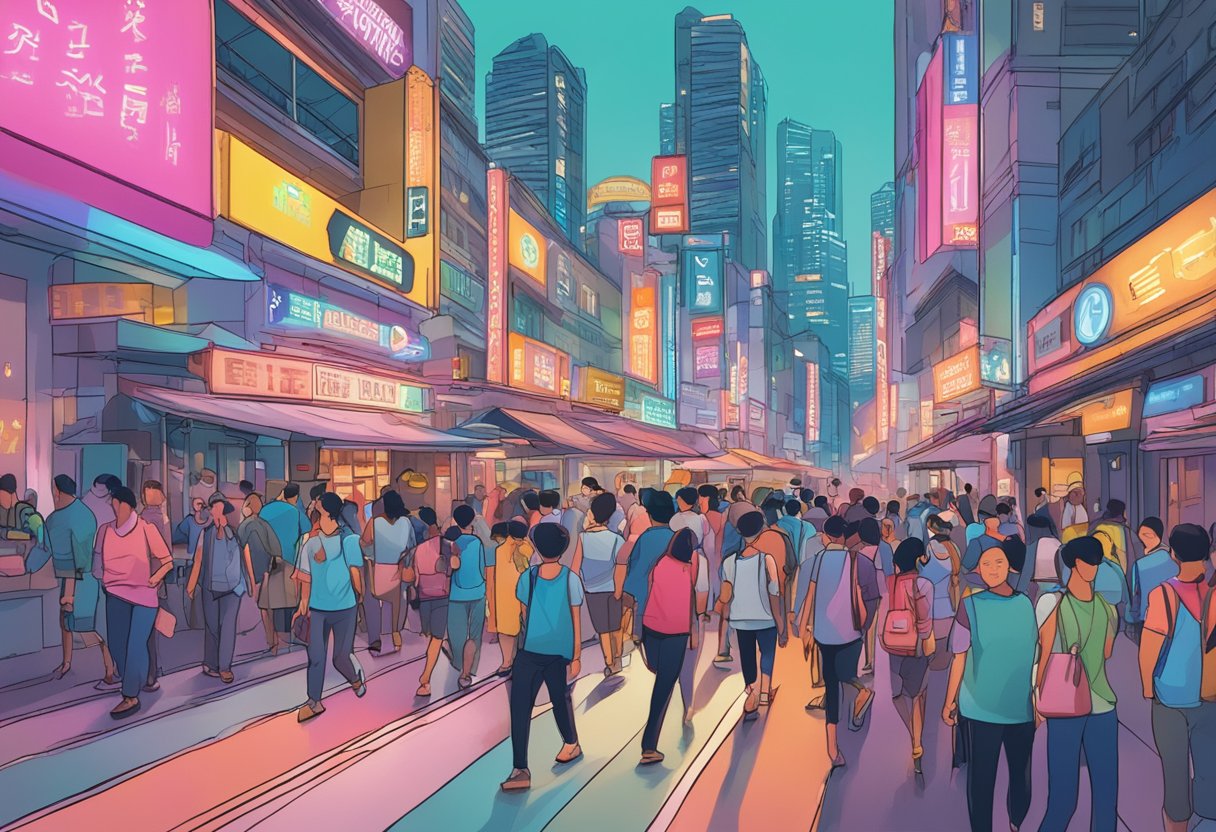 A bustling city street with neon signs, crowded hotels, and people rushing to find the best last minute hotel deals in Singapore