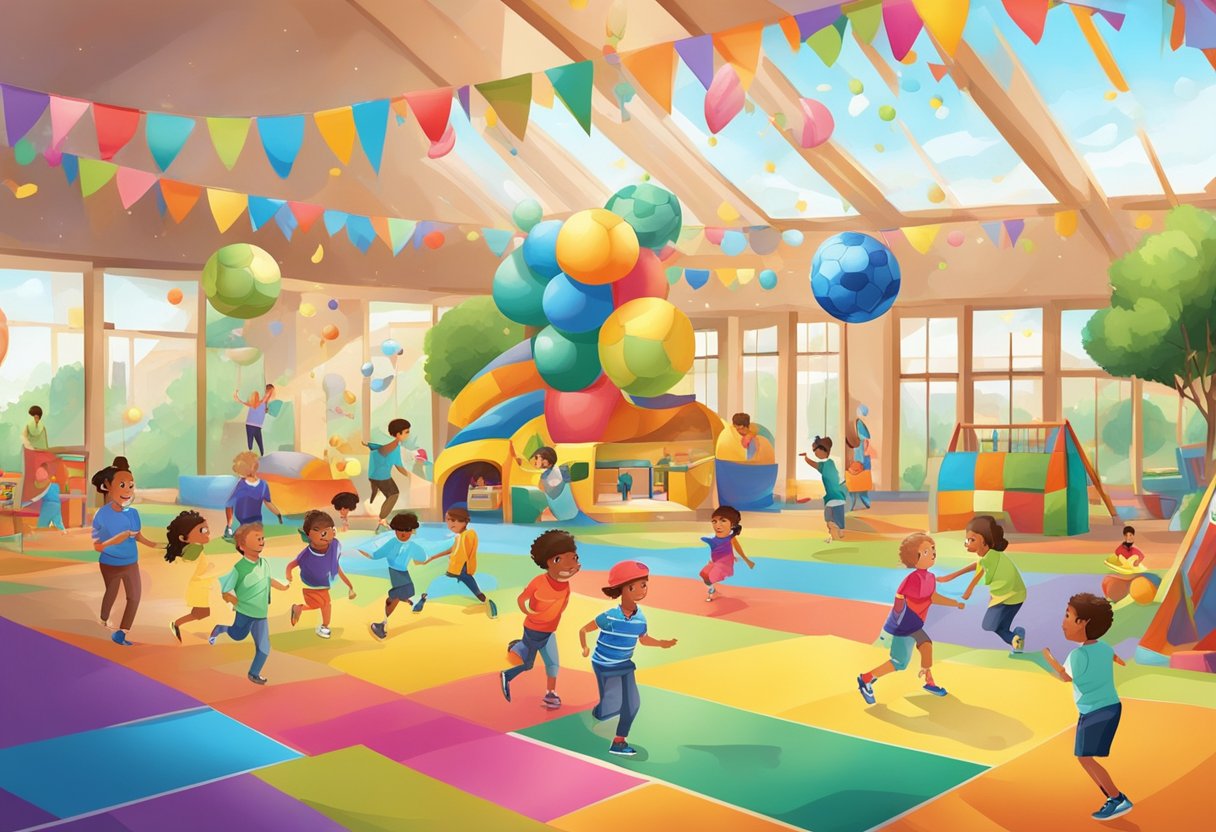 Children engaged in various activities like art, sports, and games in a vibrant and lively setting with colorful decorations and interactive play areas