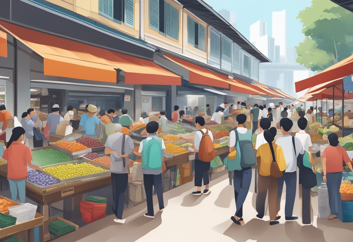 A bustling Singapore market with vendors displaying silver items, customers browsing, and sellers engaging in transactions