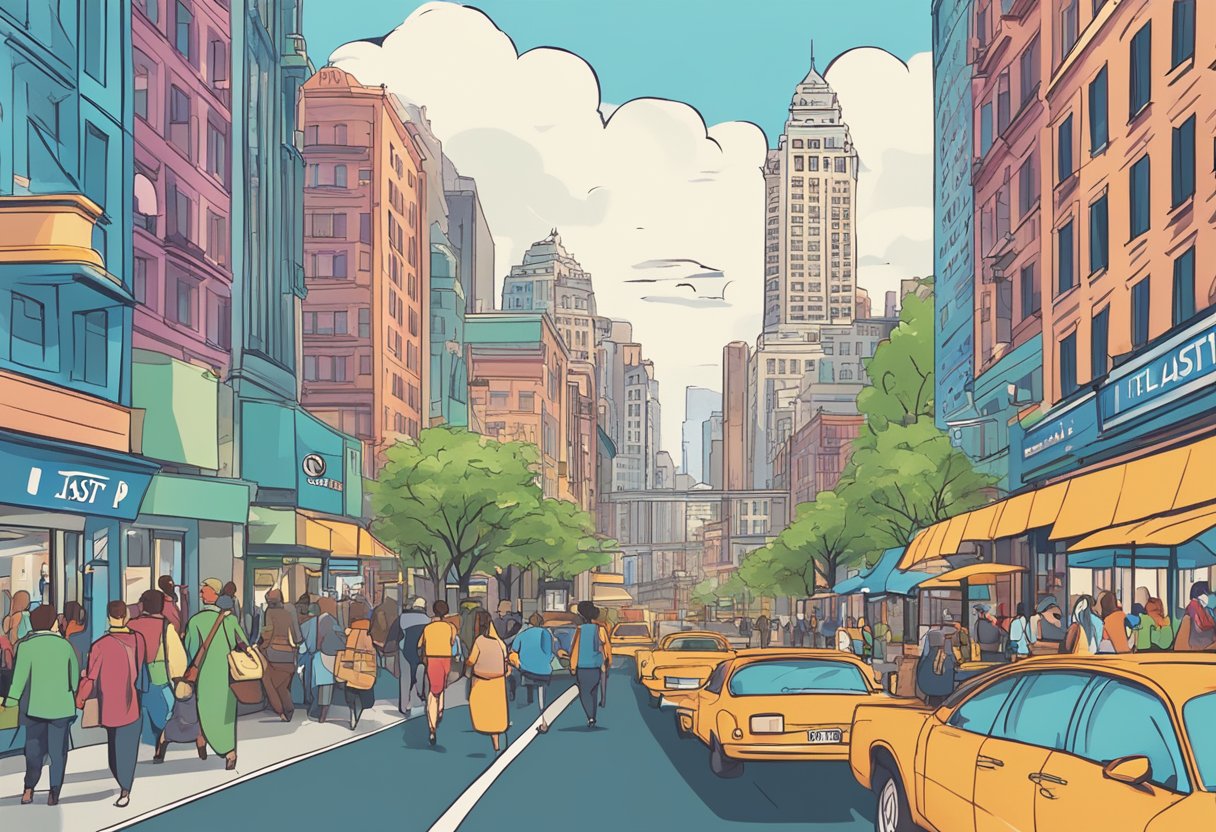 A bustling city skyline with prominent hotels, a vibrant street scene with people rushing, and a prominent "Last Minute Stays" sign