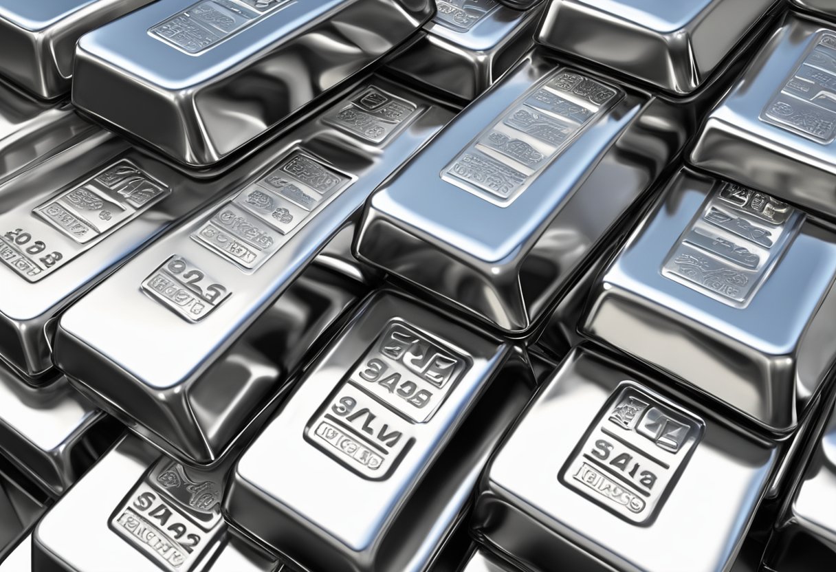 A stack of silver bars with a "Frequently Asked Questions" sign in a bustling Singapore market