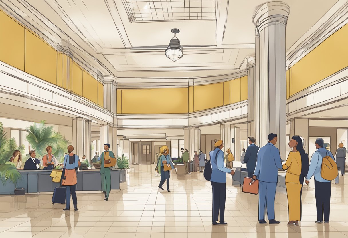 A bustling hotel lobby with a prominent "Last Minute Deals" sign, guests checking in, and staff assisting with inquiries
