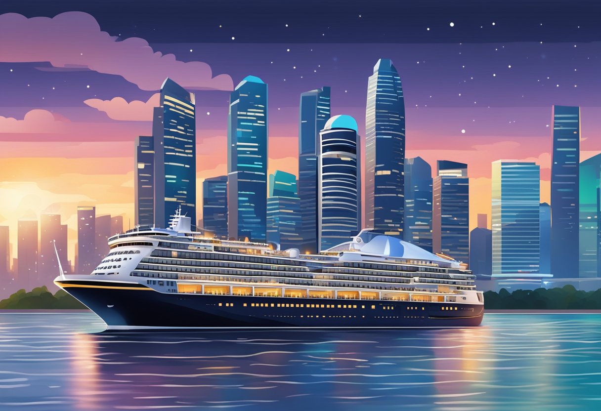 A luxurious cruise ship glides through the sparkling waters of Singapore's harbor, with the iconic skyline and vibrant city lights in the background