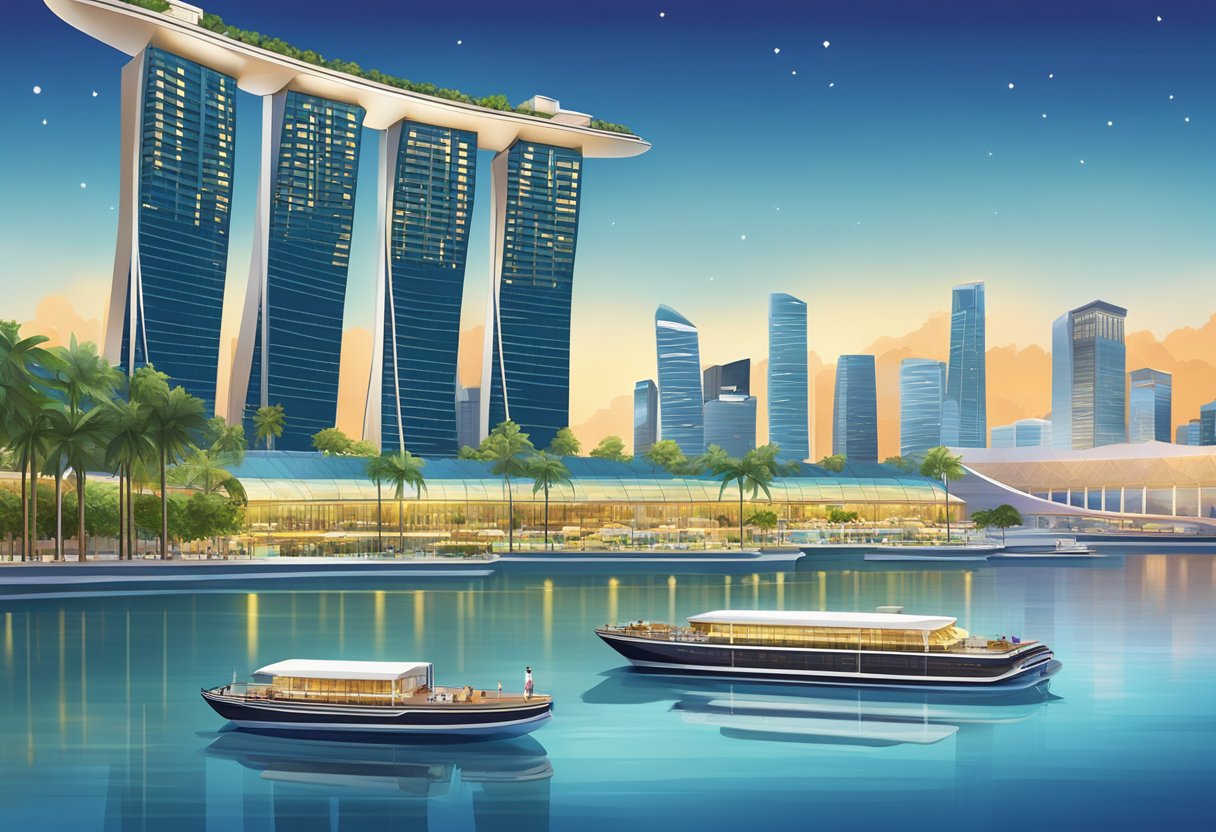 The Marina Bay Hotel in Singapore gleams against the city skyline, its three towers and boat-shaped rooftop pool standing out against the surrounding buildings