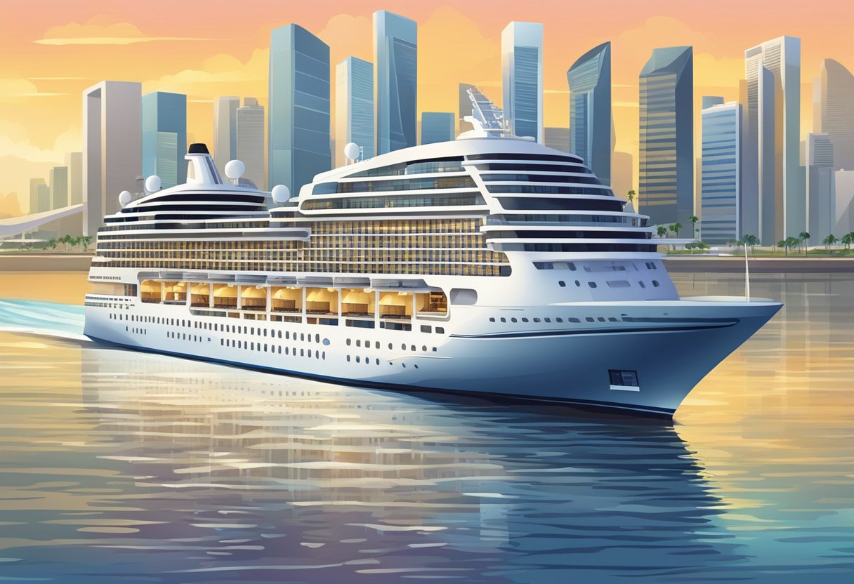 A luxurious cruise ship sails through the sparkling waters of Singapore, passing by iconic landmarks and bustling cityscapes