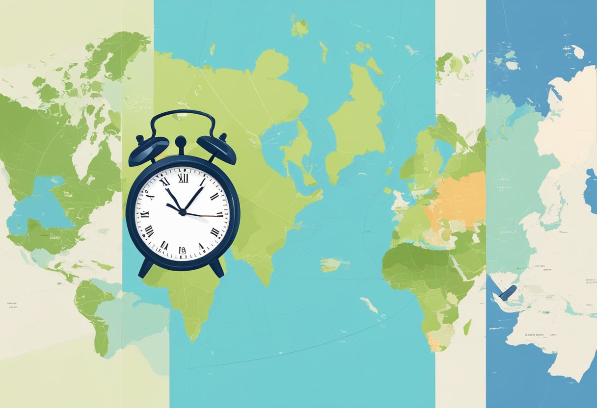 A clock showing 3 PM in the UK and another showing 10 PM in Singapore, with a world map in the background highlighting the two locations