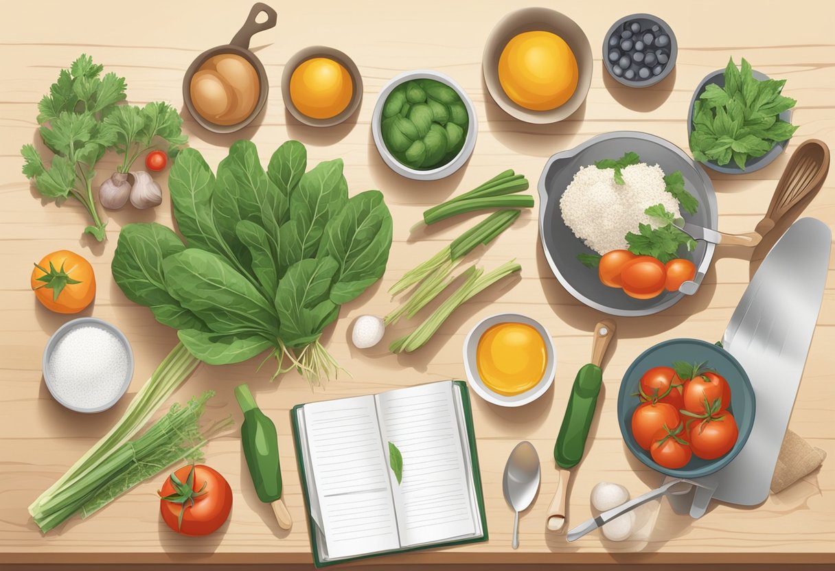 Fresh ingredients laid out on a clean kitchen counter, with various cooking utensils and pots ready for use. A recipe book open to a page with step-by-step instructions