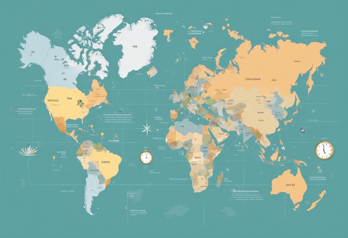 A world map with highlighted time zones from UK to Singapore, with clocks showing current times in each location