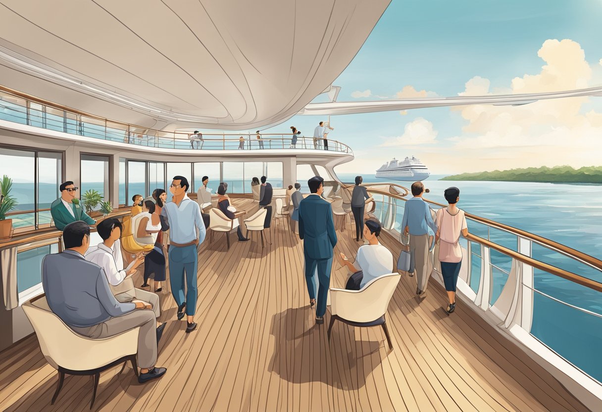 Passengers enjoying panoramic views from the deck of a luxurious cruise ship in Singapore