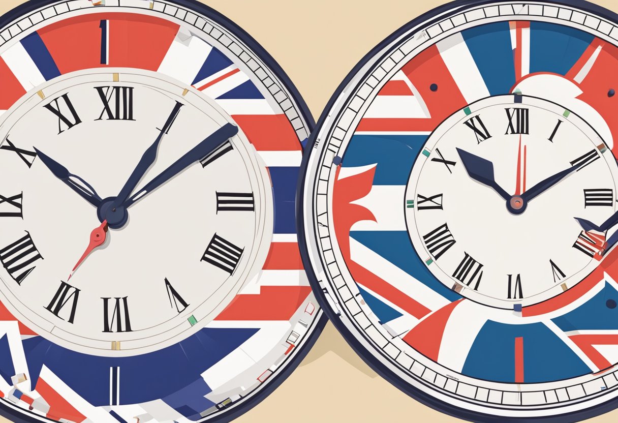 A clock showing UK time and a clock showing Singapore time side by side
