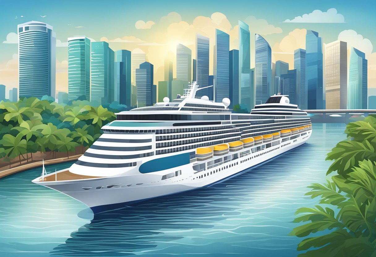A cruise ship sailing through the sparkling waters of Singapore, with the iconic city skyline in the background