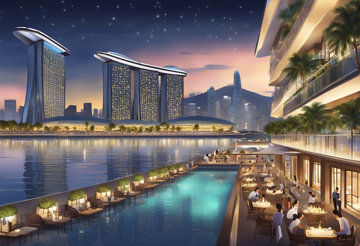 A bustling marina bay hotel with dining and entertainment, surrounded by sparkling city lights and a serene waterfront