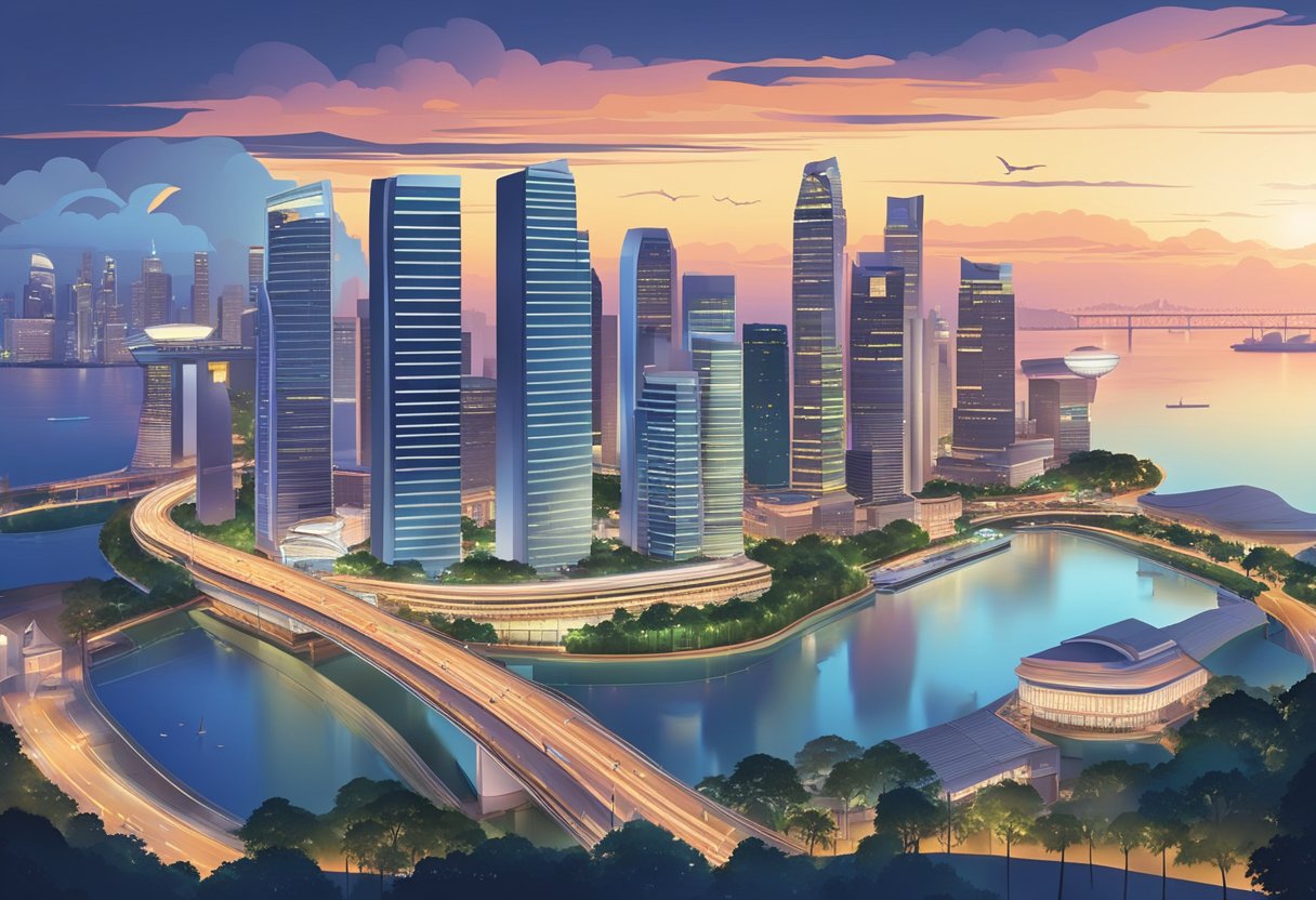 A vibrant cityscape of Singapore's skyline at dusk, with iconic landmarks and modern architecture illuminated against the twilight sky