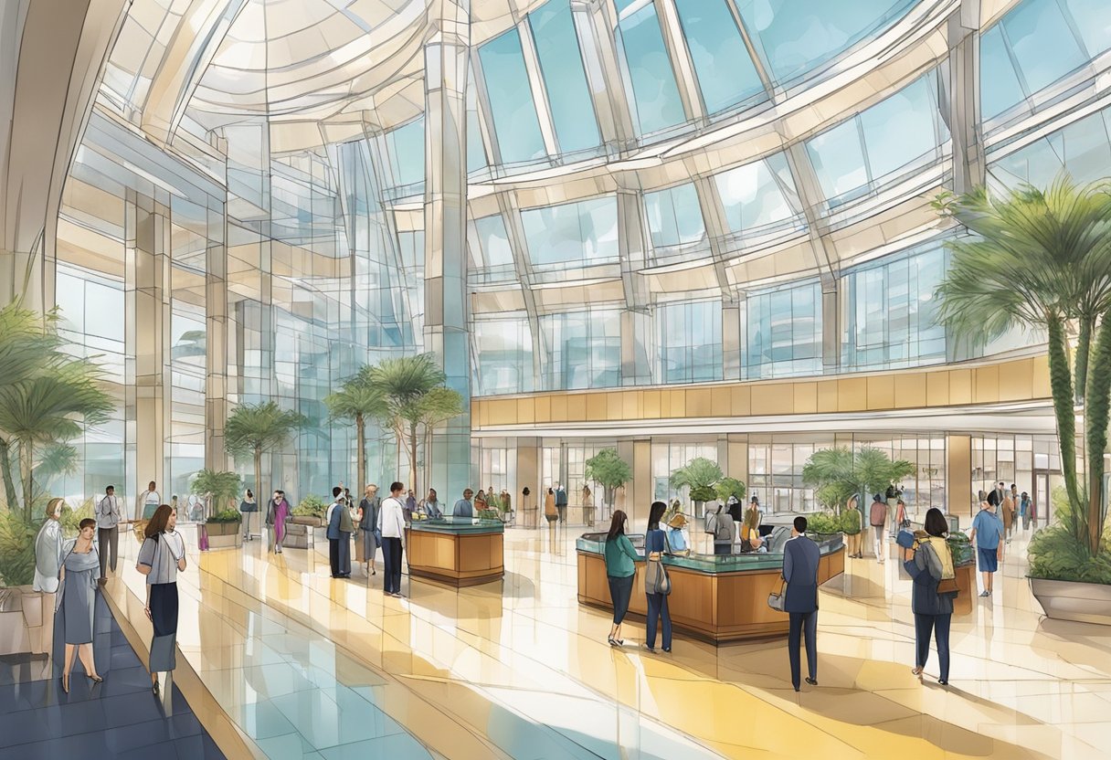 The bustling lobby of Marina Bay Hotel, with guests checking in and out, the concierge assisting visitors, and the iconic architecture of the hotel's exterior visible through the expansive glass windows