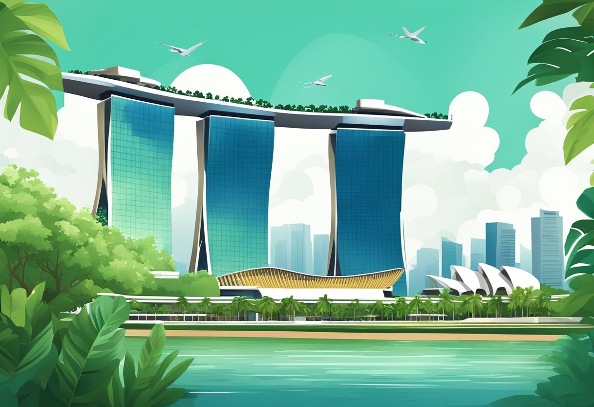 A vibrant city skyline with the iconic Marina Bay Sands and lush greenery, showcasing the modern and natural elements of Singapore