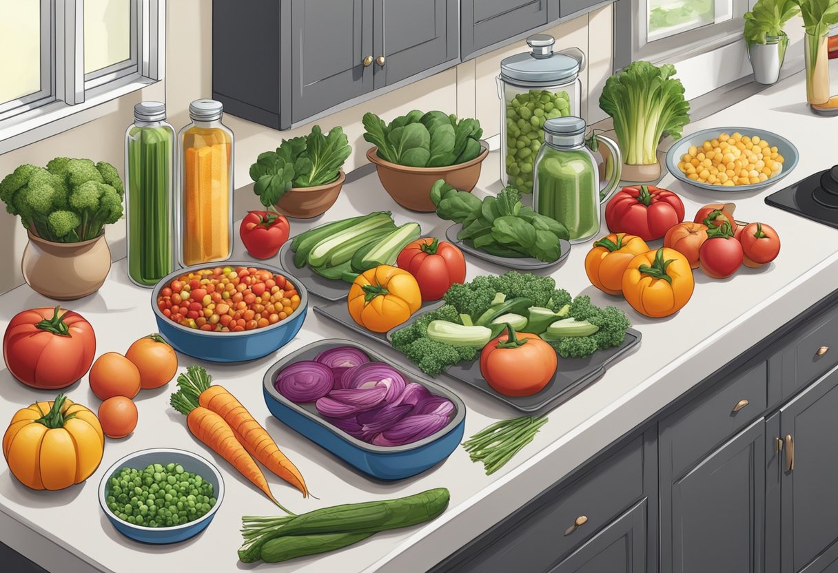 A colorful array of fresh vegetables and lean proteins arranged neatly on a clean, organized kitchen counter, with various cooking utensils and containers nearby