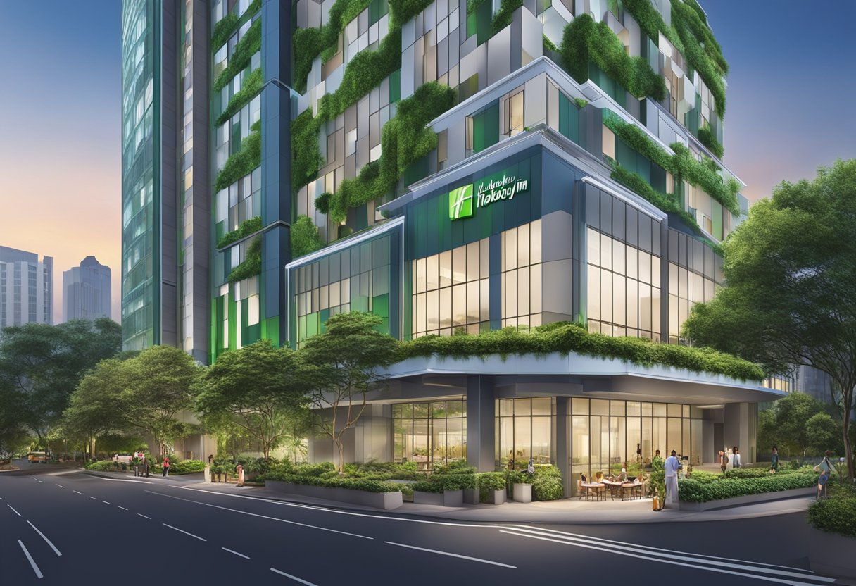 The Holiday Inn Hotel in Singapore features a modern facade with lush greenery and a bustling city backdrop