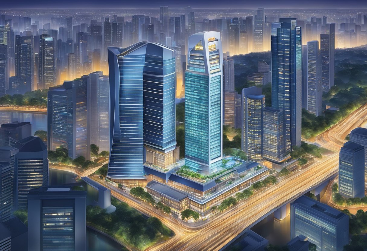 A modern, high-rise hotel in the heart of Singapore, surrounded by bustling city streets and twinkling skyscrapers
