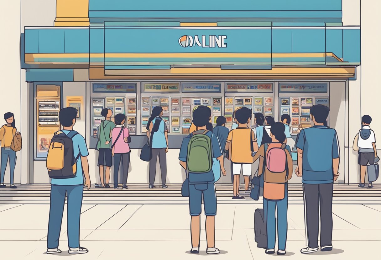 People waiting in line outside a movie theater in Singapore, with a large digital display showing the various movie timings