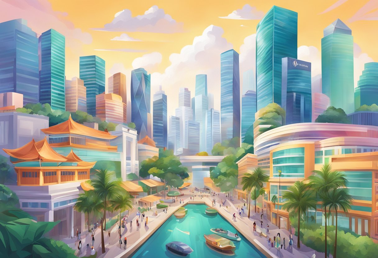 A vibrant cityscape with iconic landmarks and bustling streets, featuring the Young Living Singapore headquarters and a variety of wellness and lifestyle services