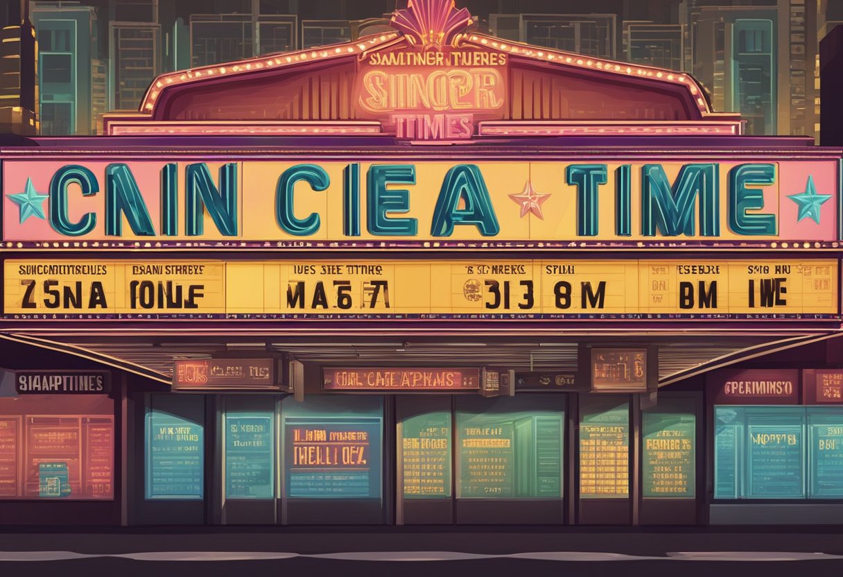 A cinema marquee displays movie titles and showtimes in Singapore