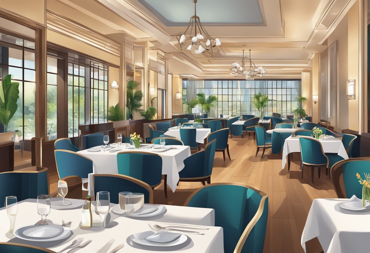 A bustling hotel restaurant with elegant table settings and a vibrant atmosphere. Guests enjoy delicious meals and drinks while socializing and relaxing